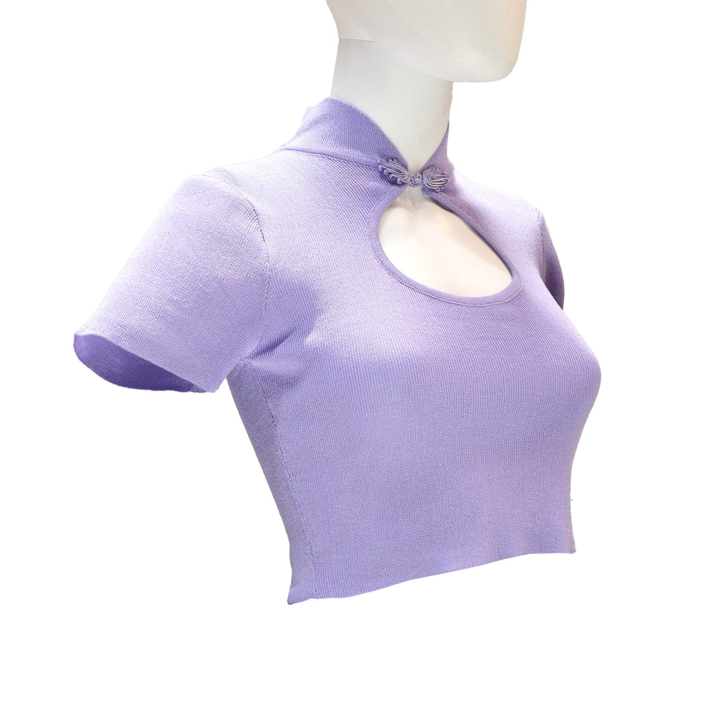 Short Sleeve Qipao Top with Keyhole Neckline and Pankou Button - Lavender