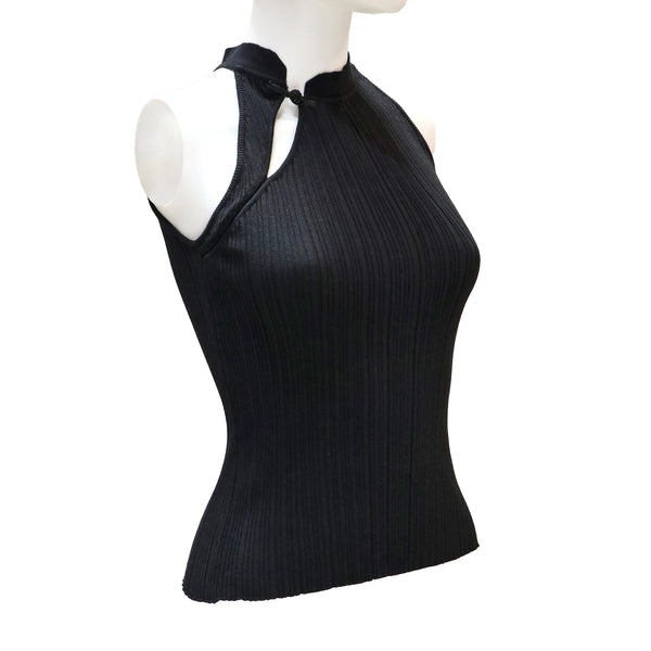 Knitted Halter Top with Asymmetrical Keyhole Neckline and Pankou Button - Onyx