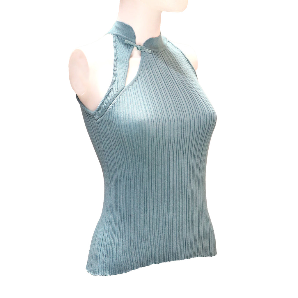 Knitted Halter Top with Asymmetrical Keyhole Neckline and Pankou Button - Ocean Blue