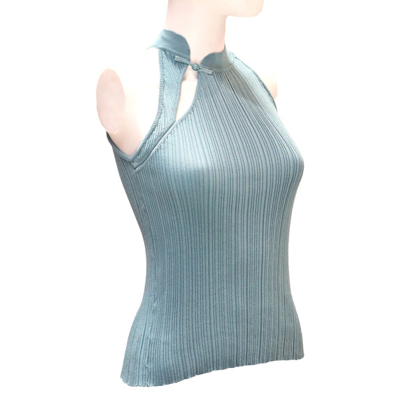 Knitted Halter Top with Asymmetrical Keyhole Neckline and Pankou Button - Ocean