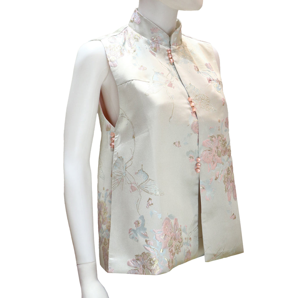 Vest with Mandarin Collar and Printed Floral Design - Pearl