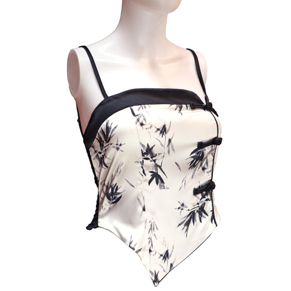 Spaghetti Strap Top with Black Bamboo Print and Pankou Buttons - White