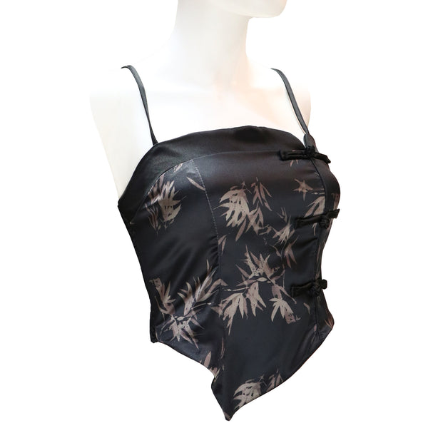 Spaghetti Strap Top with Gold Bamboo Print and Pankou Buttons - Onyx