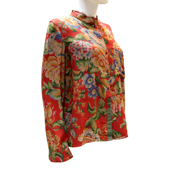 Long Sleeve Blouse with Mandarin Collar and Floral Print - Vermilion