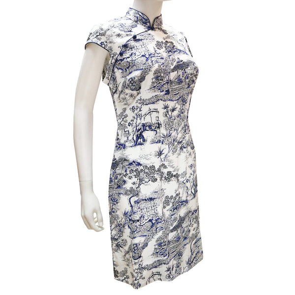 Short Sleeve Mini Qipao with Garden Print - Blue on White