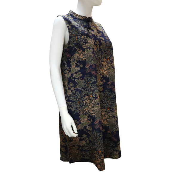 Sleeveless A-Line Qipao with Bamboo Forest Print - Dark Blue