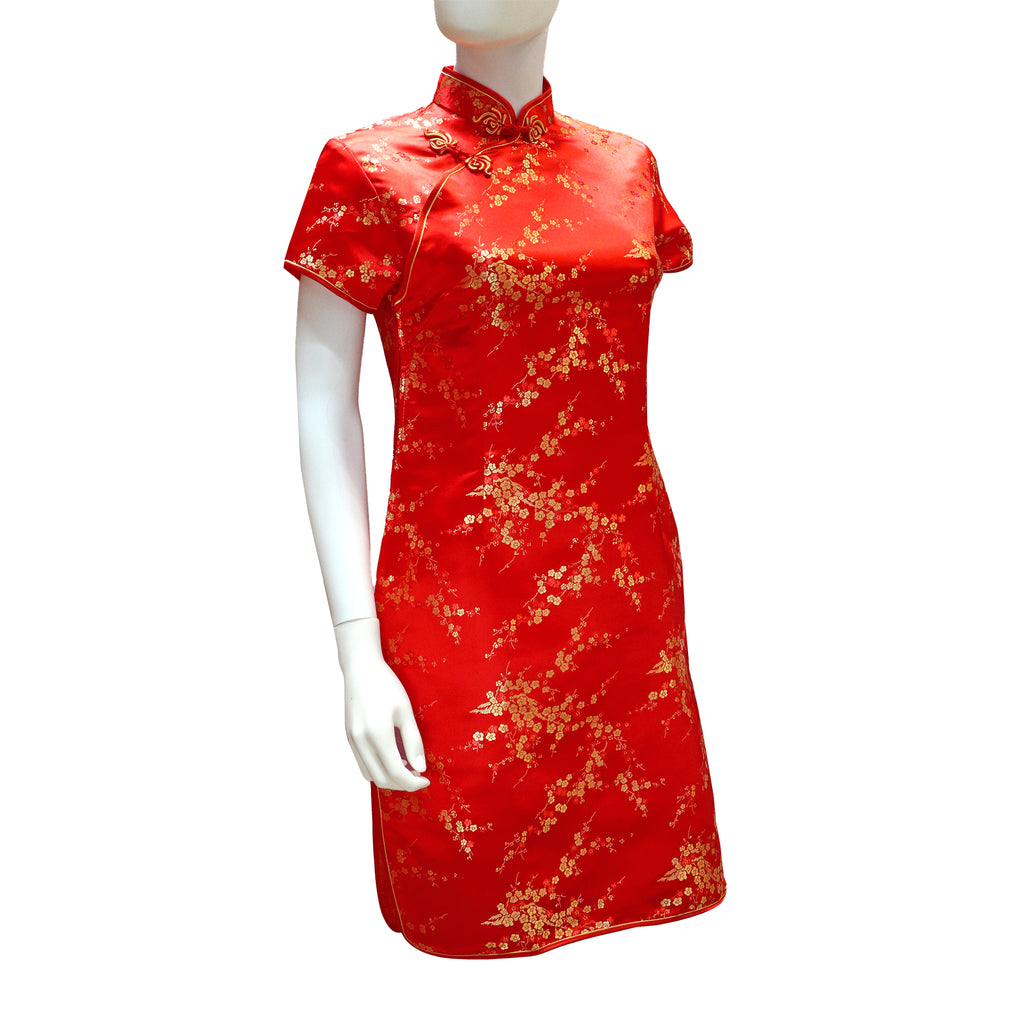 Short Sleeve Mini Qipao with Gold Blossoms - Red