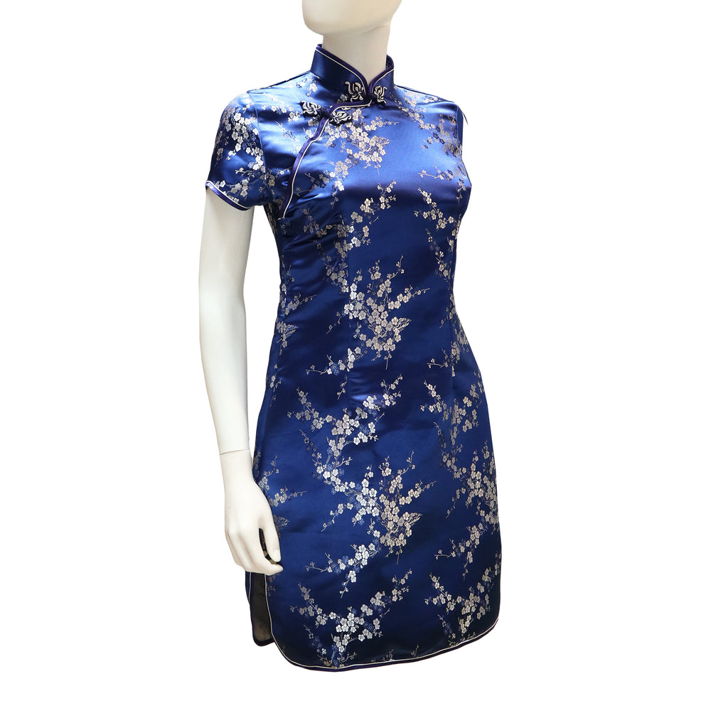 Short Sleeve Mini Qipao with White Blossoms - Blue