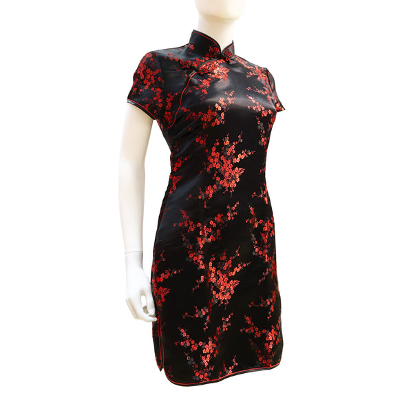 Short Sleeve Mini Qipao with Red Blossoms - Black