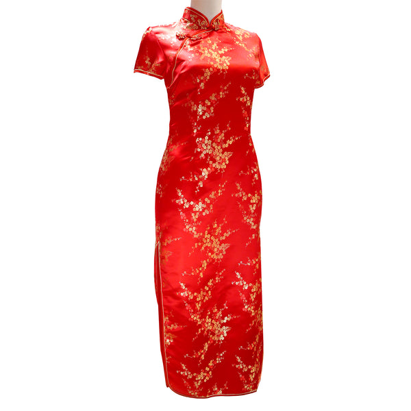 Short Sleeve Ankle-Length Qipao with Gold Blossoms - Red