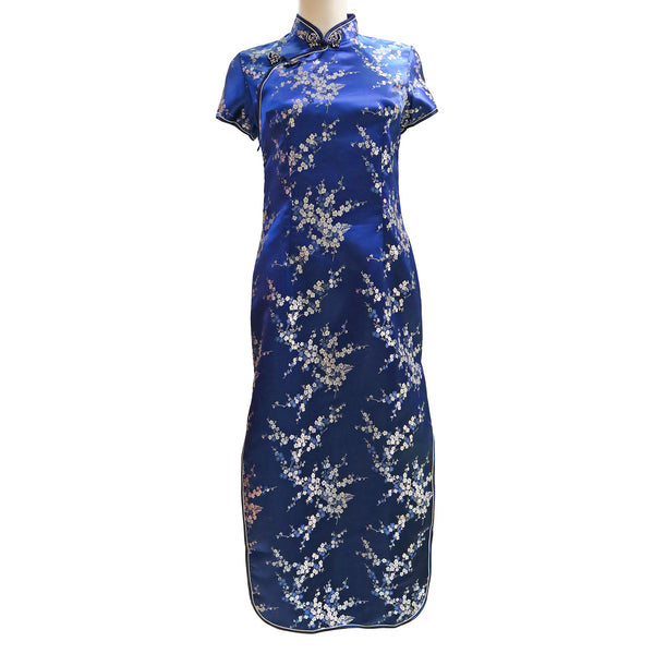Short Sleeve Ankle-Length Qipao with White Blossoms - Blue