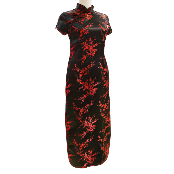 Short Sleeve Ankle-Length Qipao with Red Blossoms - Black