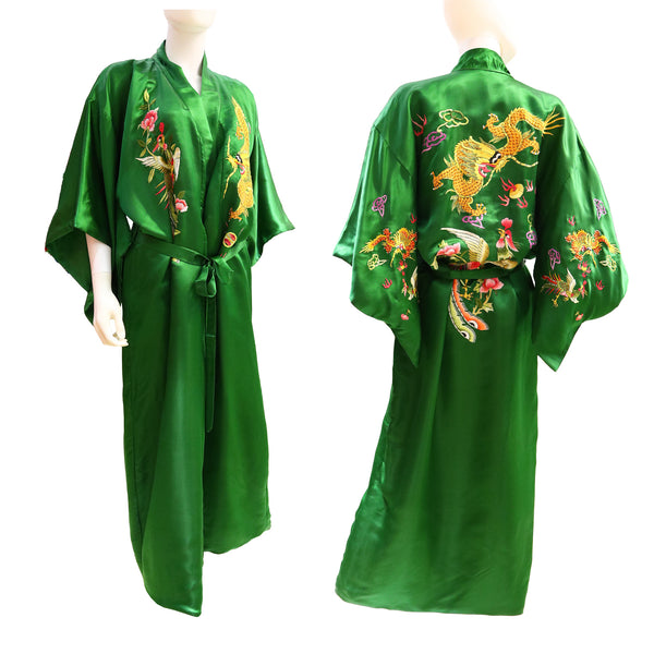 Embroidered Silk Robe with Dragon-Phoenix Design green