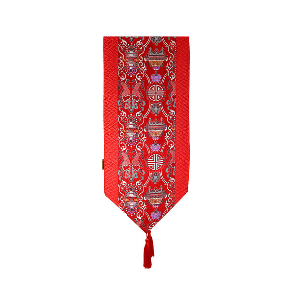 Brocade Table Runner with Double Fish Pattern - Red