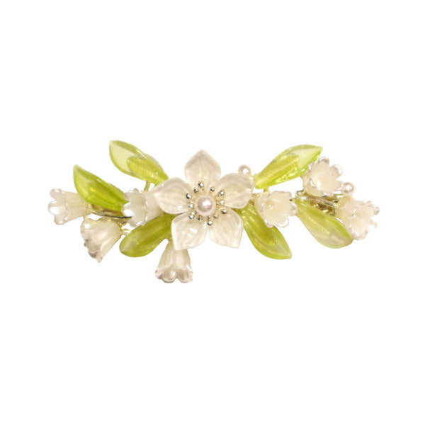 Hair Clip with White Flowers and Green Leaves