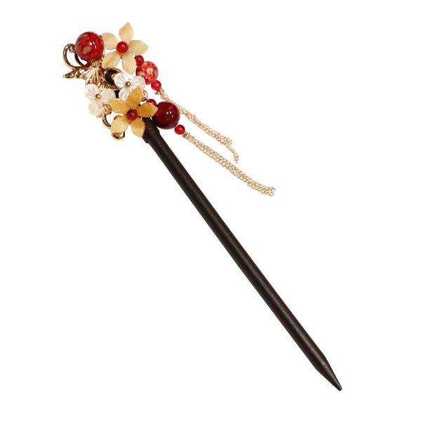 Hair Pin with Flowers, Amber Beads, and Metal Tassels - Dark Wood
