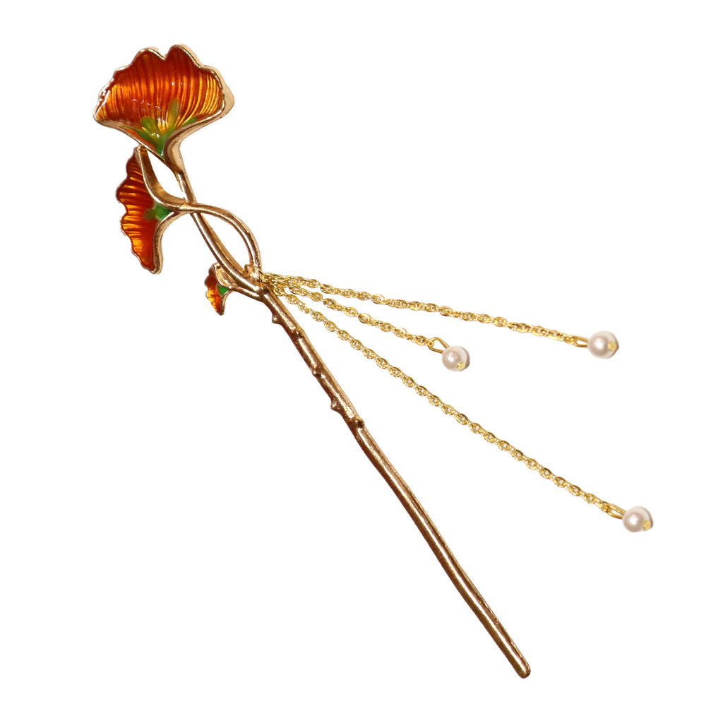 Hair Pin with Orange Gingko Leaves and Hanging Pearls