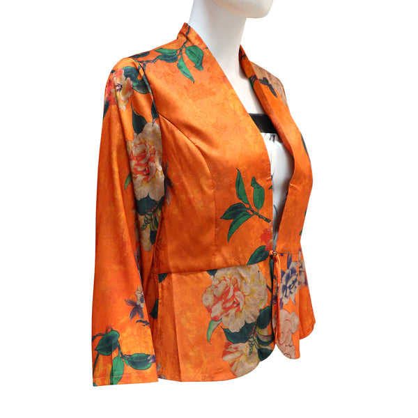 Kimono Jacket with Floral Pattern and Single Button - Orange