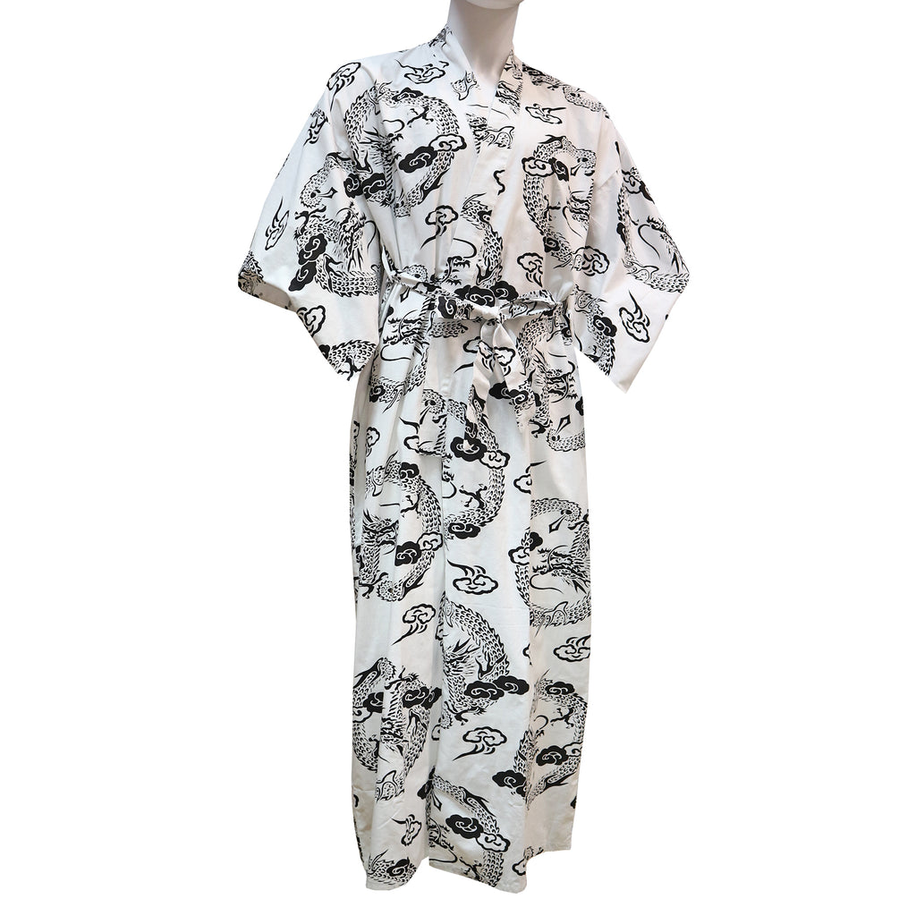 Ankle-Length Cotton Kimono Robe with Black Dragon Pattern - White