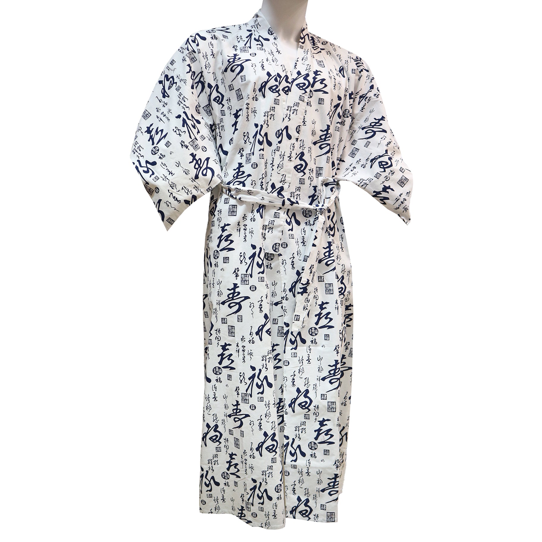 Ankle-Length Cotton Kimono Robe with Dark Blue Chinese Calligraphy - W Pearl River Mart Ankle-Length Cotton Kimono Robe with Dark Blue Chinese Calligraphy - W Pearl River Mart
