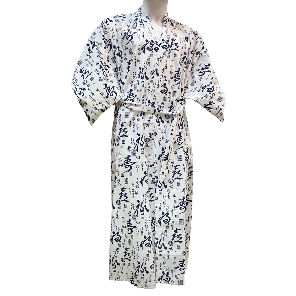 Ankle-Length Cotton Kimono Robe with Dark Blue Chinese Calligraphy - White