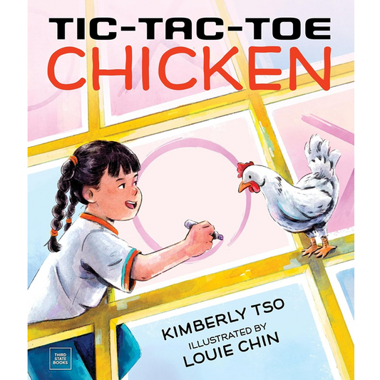 Book cover of 'Tic-Tac-Toe Chicken' with a girl and chicken illustration.