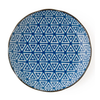 Blue geometric patterned plate on a white background