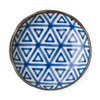 Round ceramic plate with blue triangle pattern on a white background