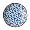 Ceramic plate with blue geometric pattern on a white background