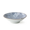 Ceramic bowl with blue and white striped pattern on a white background