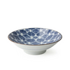 Ceramic bowl with blue and white geometric pattern on a white background