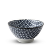 Ceramic bowl with blue geometric pattern on a white background