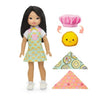 The contents inside the Jilly Doll box: Jilly doll, reversible pink chef hat that flips into L'il Tart friend and two doubled sided bandanas. One side is green with assorted dim sum and the other side is pink with egg tart, taiyaki, and swiss roll cake.