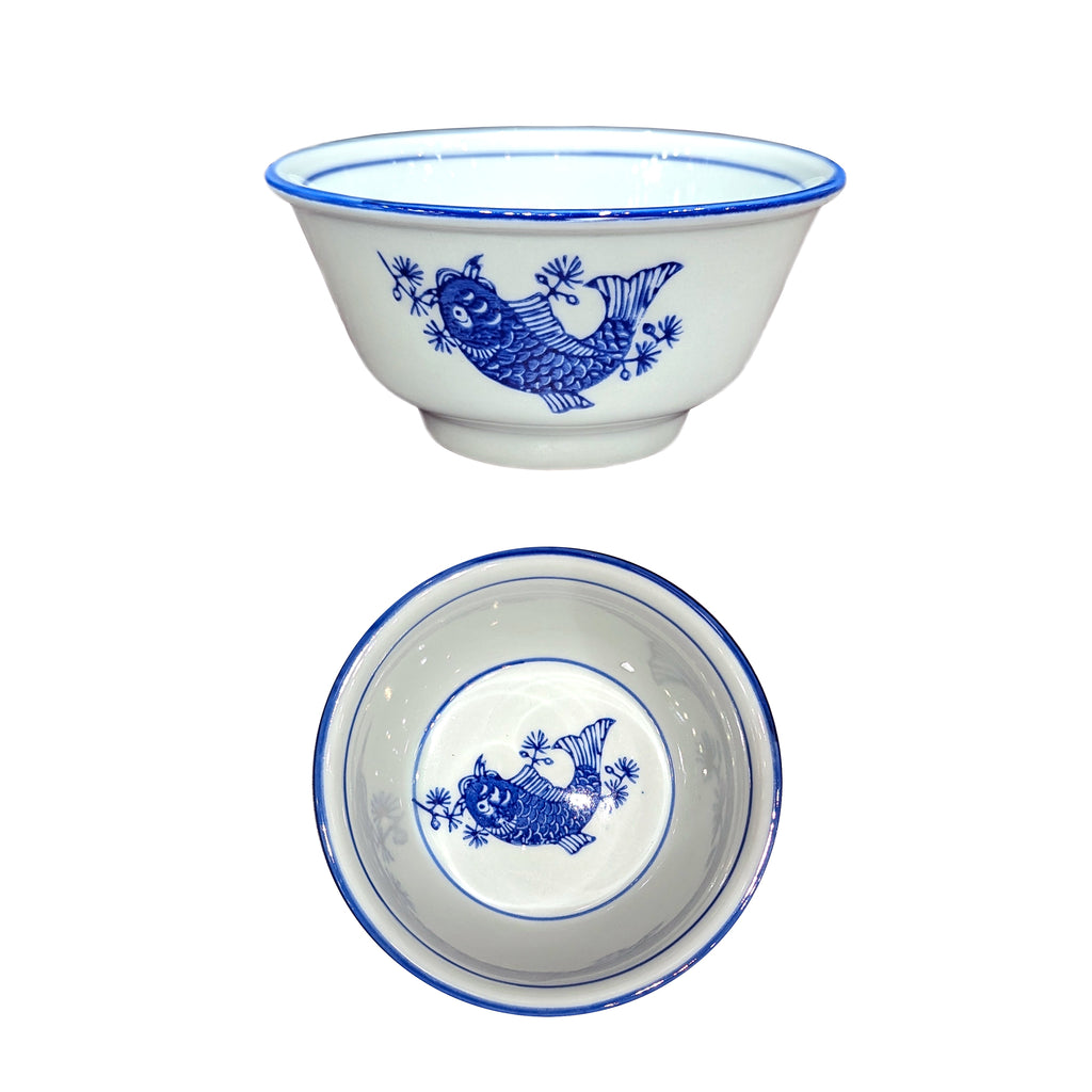 Blue on White Carp Design Rice Bowl