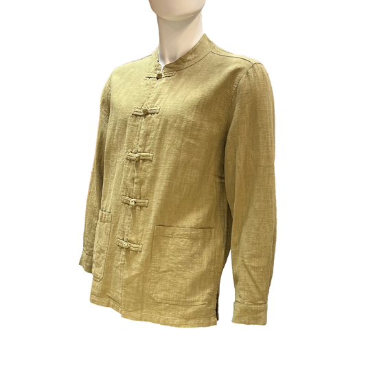 A men's long-sleeve linen jacket in a sage green color, featuring a mandarin collar, five decorative front frog closures, and two front patch pockets, displayed on a mannequin torso against a white background.