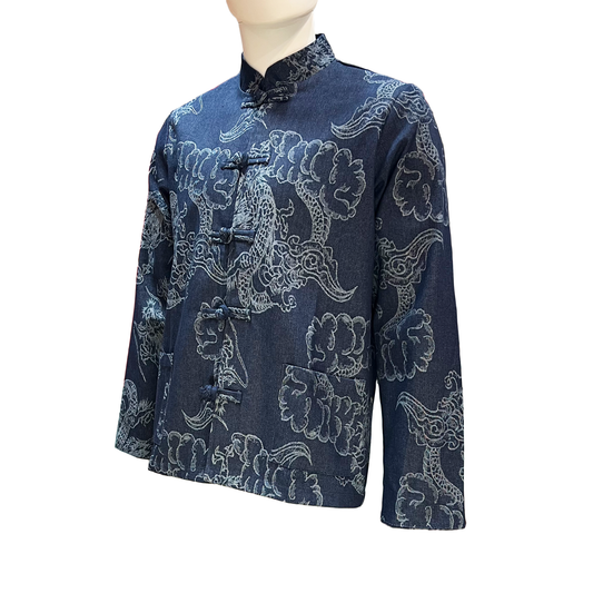 A dark blue long-sleeve mandarin collar jacket with a traditional Chinese dragon and cloud pattern, displayed on a mannequin torso against a plain white background.