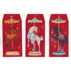 Three red envelopes with carousel horse designs on a white background