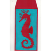 Teal envelope with red seahorse design on a white background