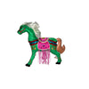 Colorful horse-shaped satin figurine with a pink saddle on a white background