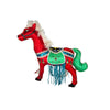Colorful horse-shaped satin figurine with red body, green tail, and blue accents on a white background
