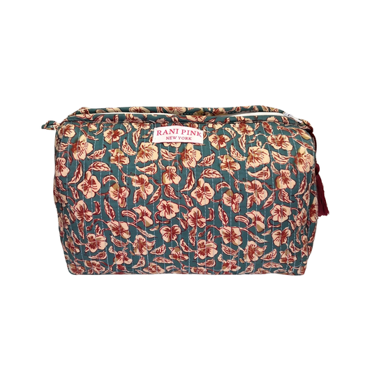 Teal bag with burgundy flowers and Rani Pink label on white background