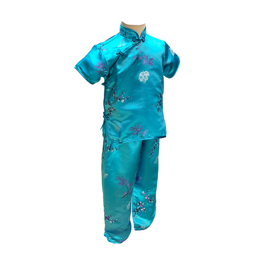 Traditional kids outfit in turquoise with purple floral and bamboo design on mannequin