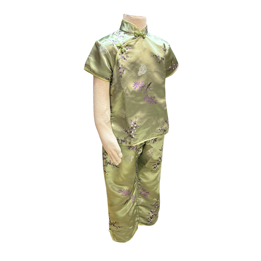 Traditional kids outfit in light green with purple floral and bamboo design on white mannequin