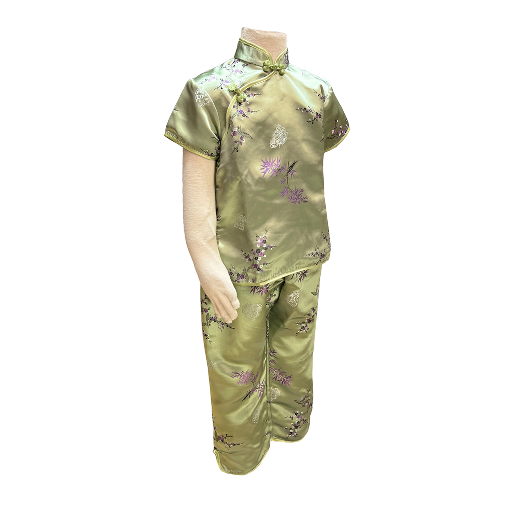 Light Green Bamboo Floral Brocade Kids Outfit