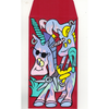 Colorful unicorn design on a red envelope with scissors
