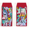 Two colorful unicorn designs on red envelopes with a white background