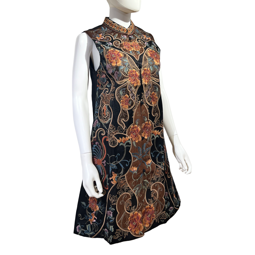 Embroidered Qipao Maxi Vest with Floral and Butterfly Pattern - Onyx and Gold