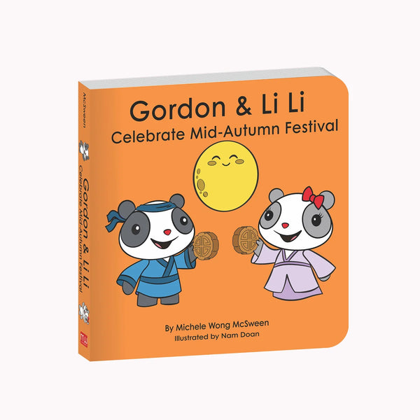 A children's hardboard book titled 'Gordon & Li Li: Celebrate Mid-Autumn Festival' with an orange cover, featuring cartoon pandas in traditional clothing and a moon illustration, shown on a plain light background.
