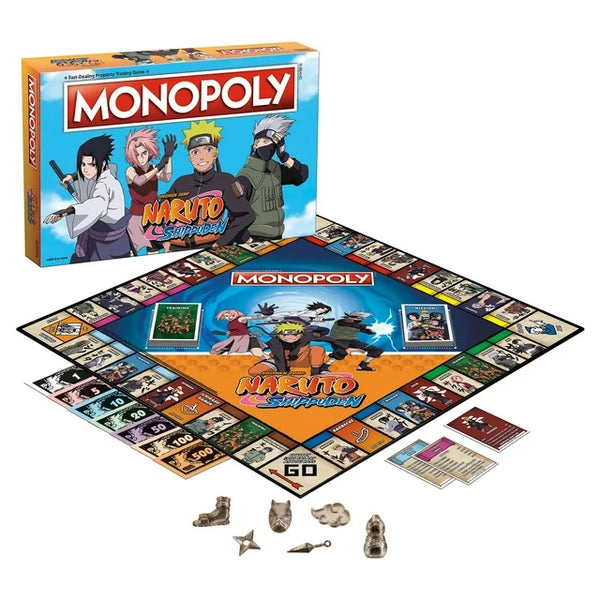 Naruto Shippuden Monopoly board game box and game set up next to it