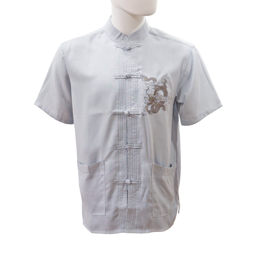 Linen Short-Sleeve Shirt with Dragon Design - Blue-Gray